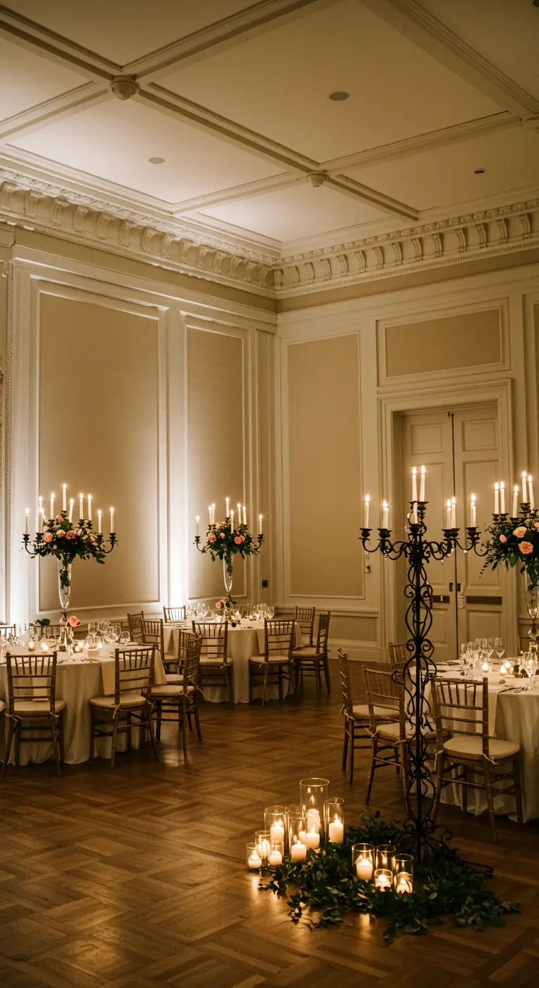 Salón de baile elegante con candelabros de pie de hierro forjado rodeados de velas.
