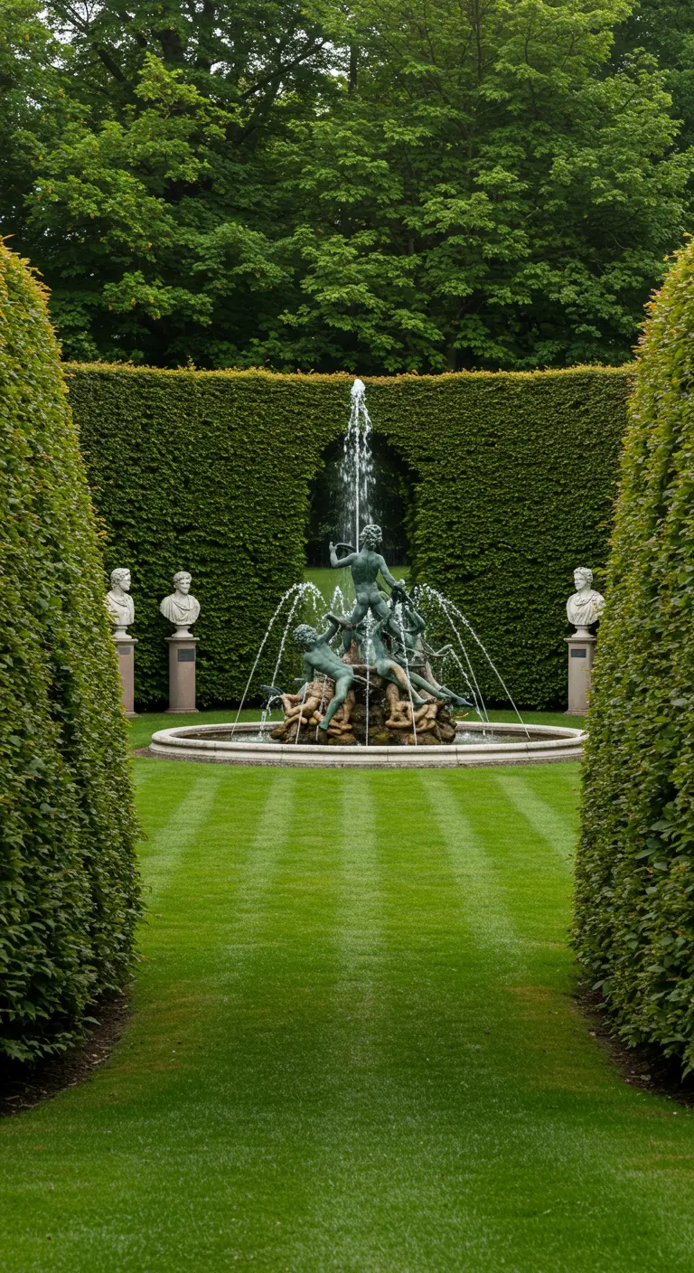 Fuente monumental con un grupo escultórico y múltiples chorros de agua en un césped impecable.