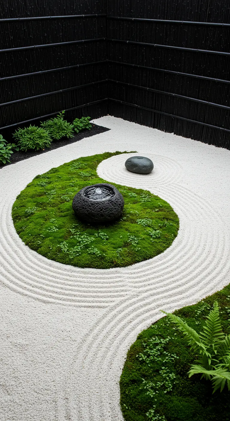 Jardín zen con diseño de yin y yang hecho de arena blanca rastrillada y musgo verde.