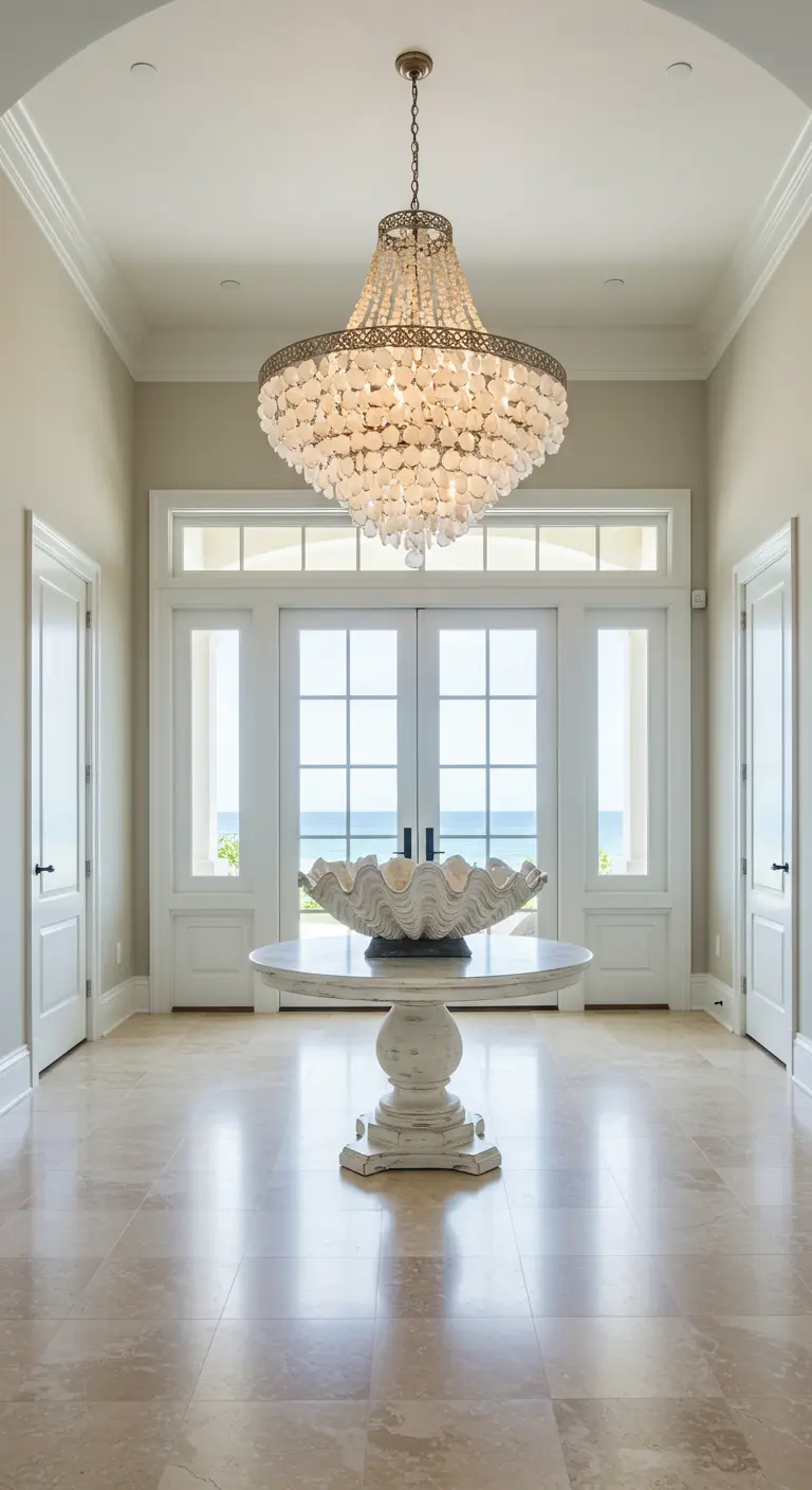 Recibidor de lujo con lámpara de araña de conchas y una concha gigante en mesa redonda.