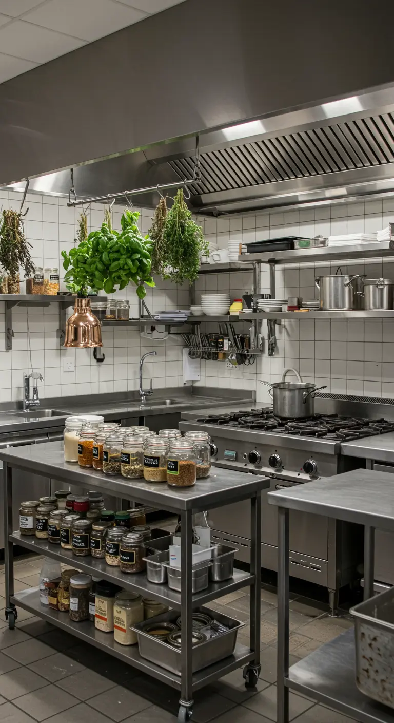 Cocina profesional de acero inoxidable con hierbas frescas colgando para secarse.