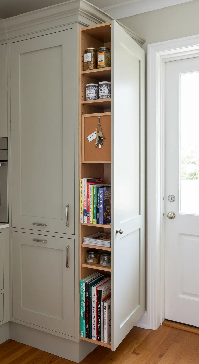 Mueble de despensa extraíble, muy estrecho y alto, con varios niveles de almacenamiento.