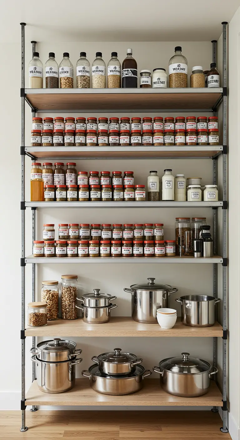 Sistema de estanterías industriales altas con postes de metal, llenas de botes, ollas y sartenes.