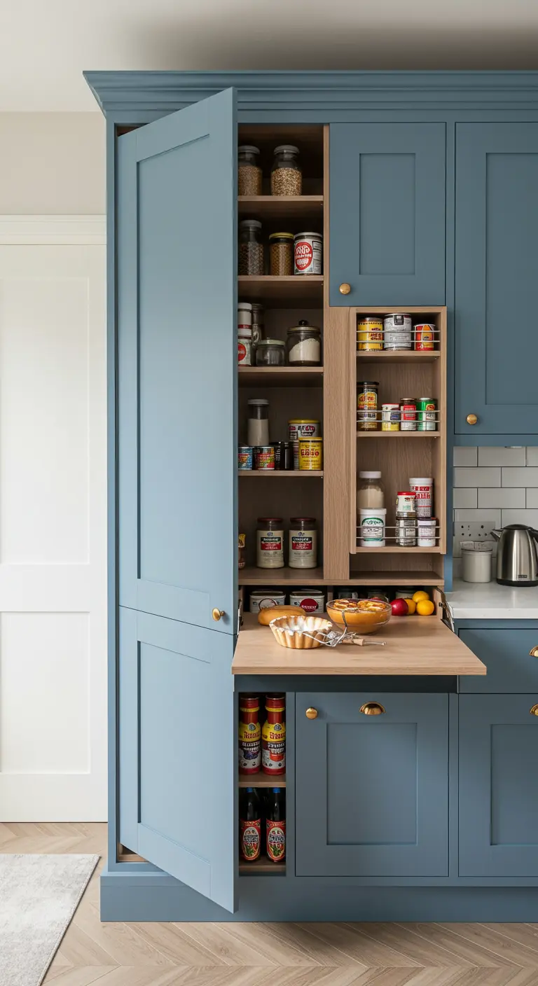 Estante de madera extraíble dentro de una despensa azul, funcionando como superficie de trabajo.