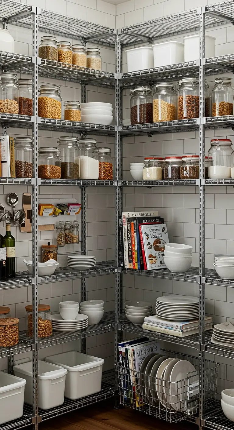 Despensa perfectamente organizada con estanterías modulares metálicas y botes de cristal.