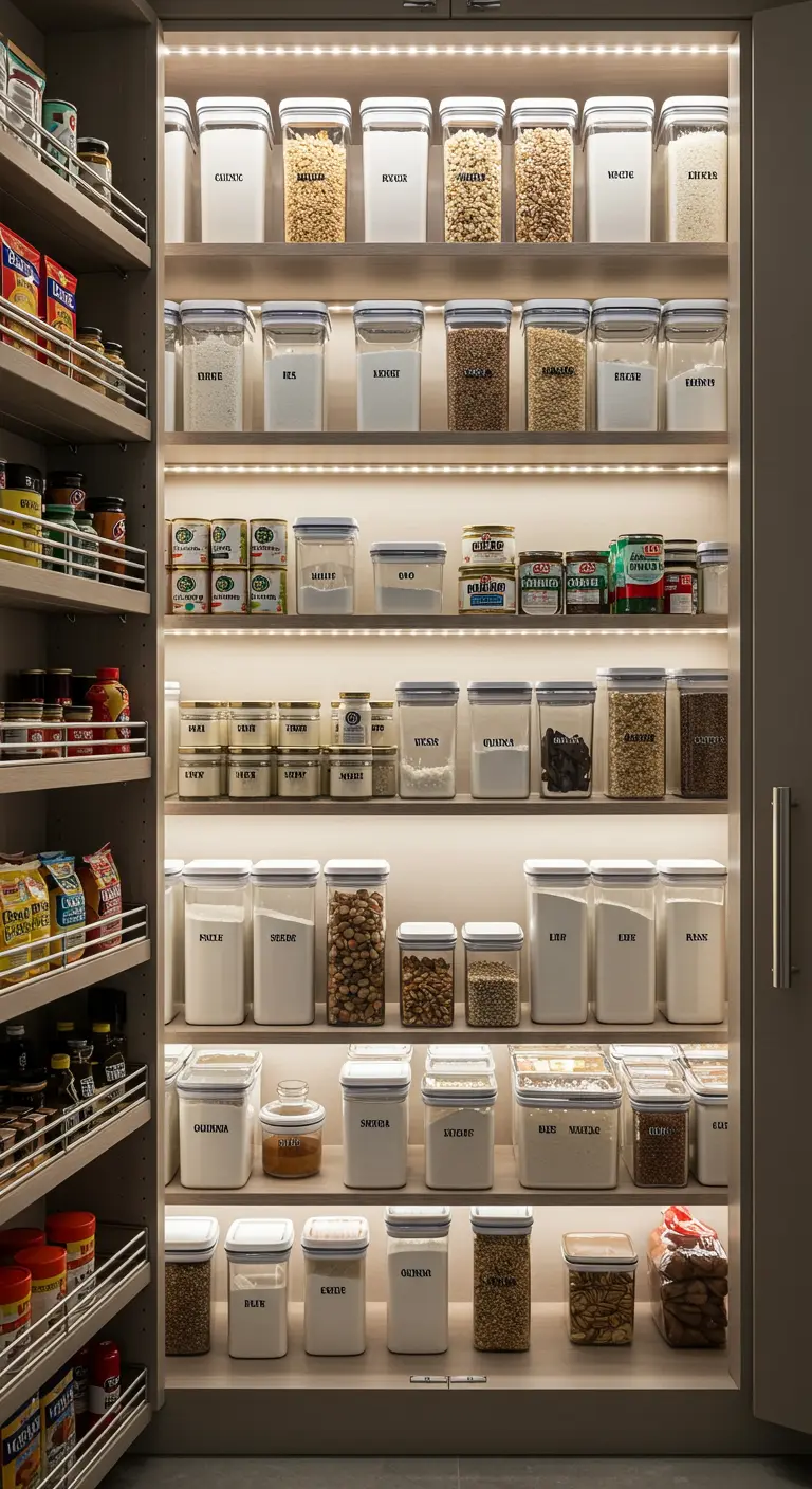 Despensa perfectamente organizada con iluminación LED bajo cada estante y recipientes uniformes.