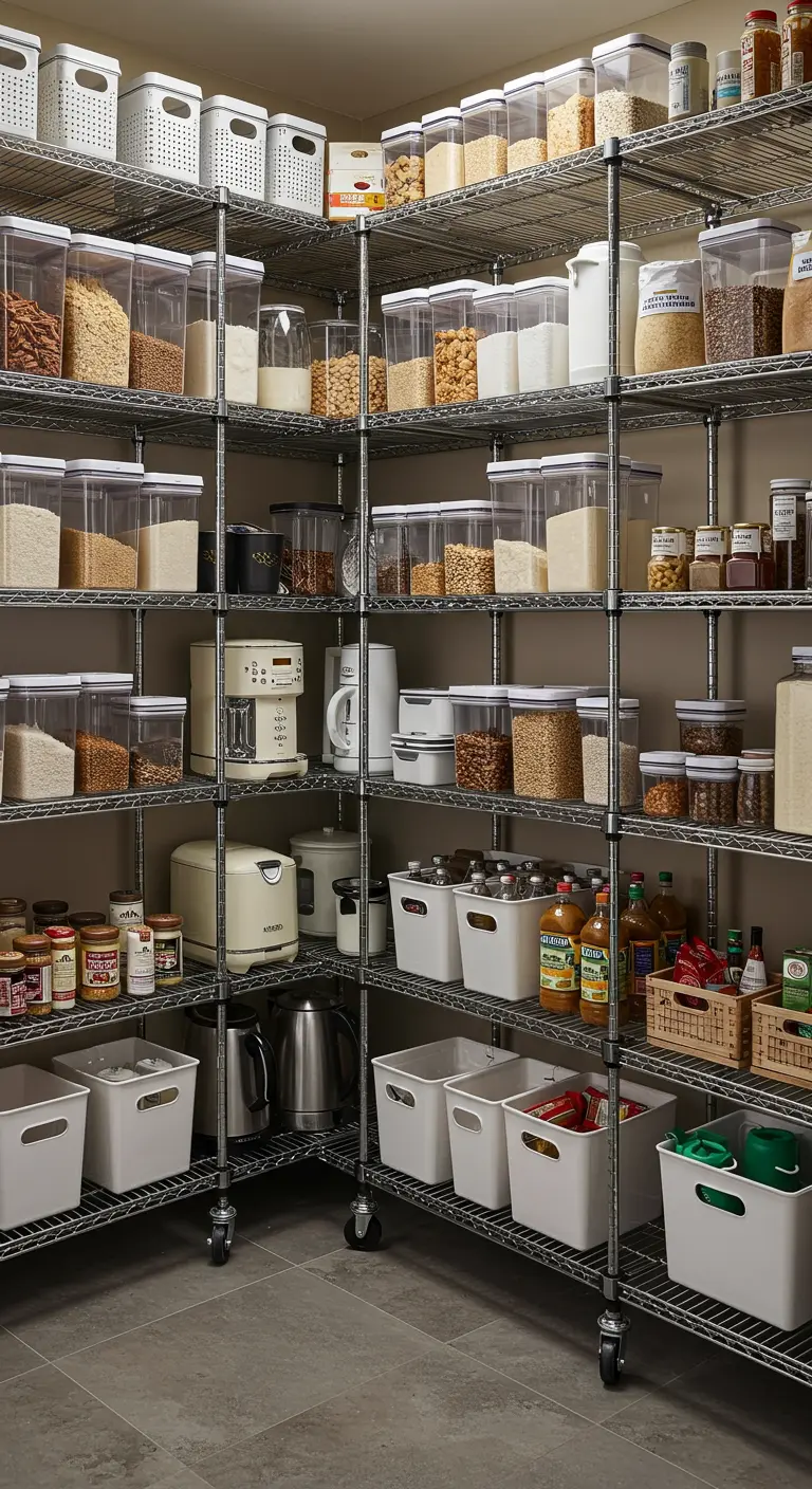 Despensa con estanterías metálicas sobre ruedas, llena de contenedores de alimentos.