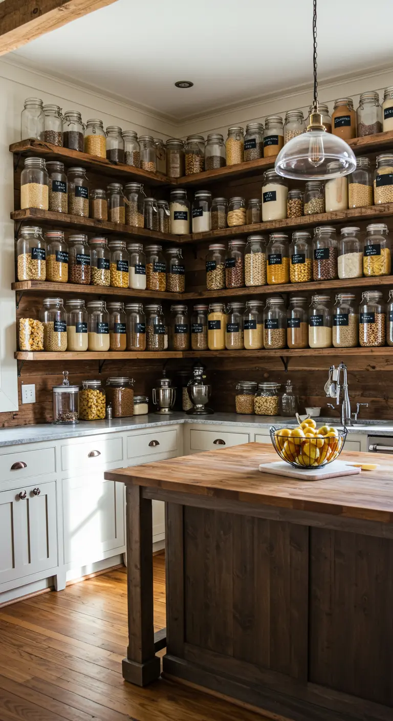Esquina de cocina rústica con estantes de madera llenos de frascos de vidrio con granos y pasta.