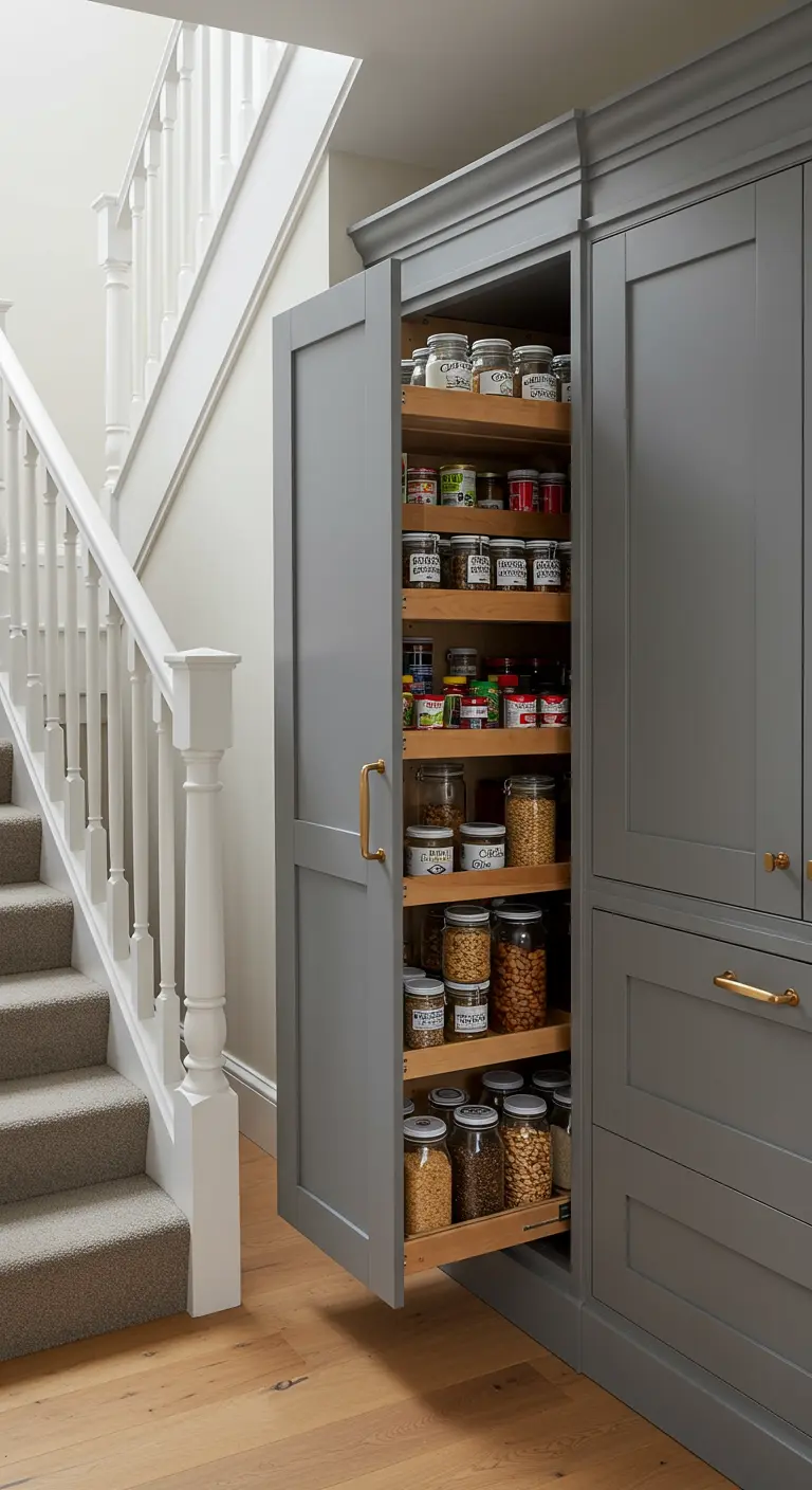 Despensa extraíble de color gris integrada bajo una escalera blanca
