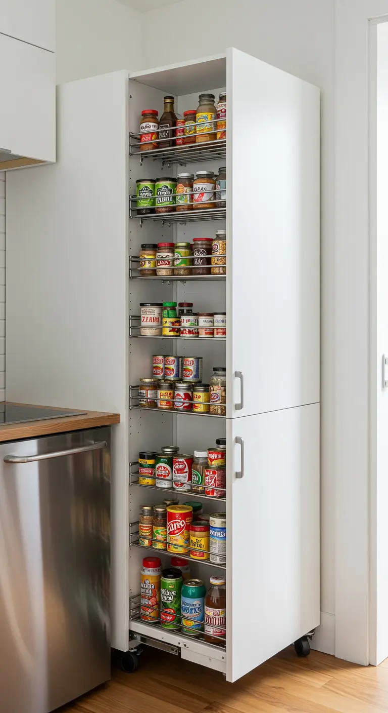 Armario despensa extraíble y estrecho lleno de botes y latas.