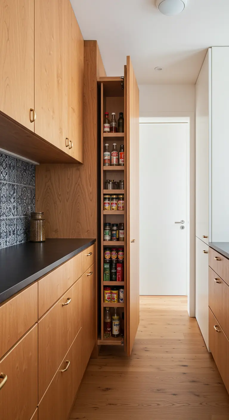 Armario despensero extraíble, alto y estrecho, lleno de especias y botes en una cocina de madera