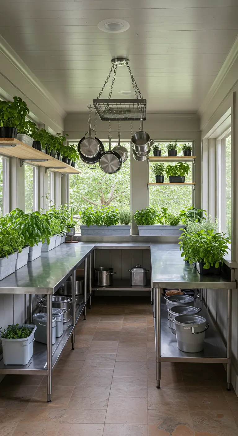 Porche convertido en una cocina secundaria o despensa con encimeras de acero y hierbas aromáticas.