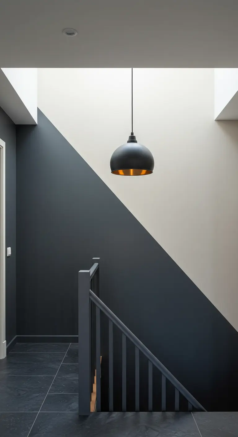 Escalera con pared pintada en diagonal en gris oscuro y blanco, con una lámpara colgante.