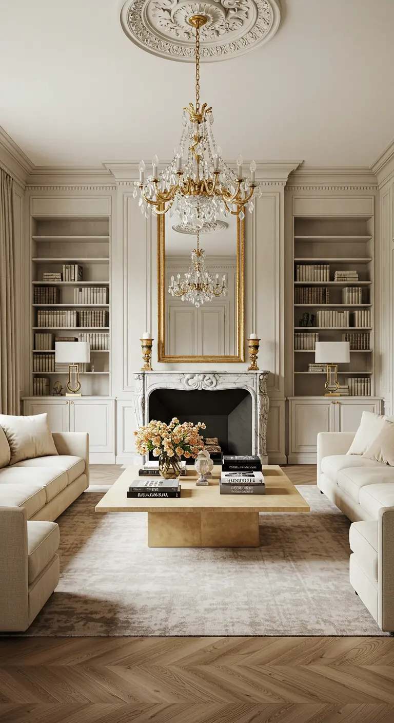 Sala de estar de doble altura con estanterías blancas, espejo vertical y un gran candelabro.