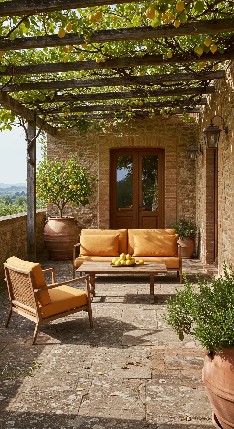 Terraza rústica con pérgola cubierta de limoneros, muebles de madera y caña con cojines naranjas.