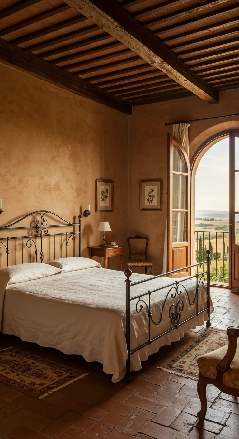 Dormitorio de estilo toscano con paredes de estuco, cama de hierro forjado y vistas a un paisaje rural.