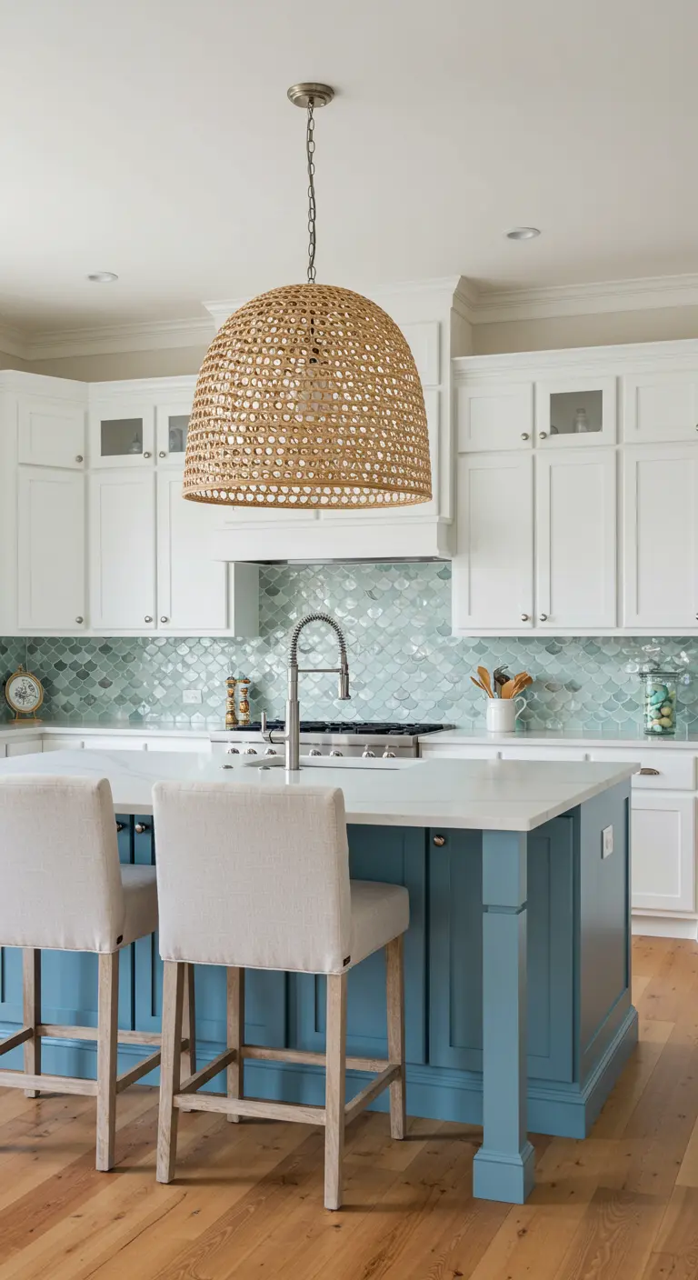 Cocina blanca con isla azul y una gran lámpara colgante de mimbre tejido en forma de cúpula.