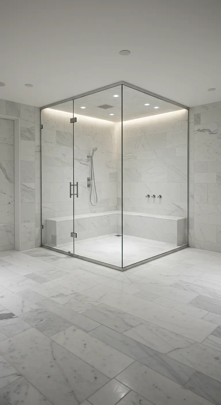 Amplia ducha de vapor con mamparas de cristal, bancos de obra y paredes de mármol blanco
