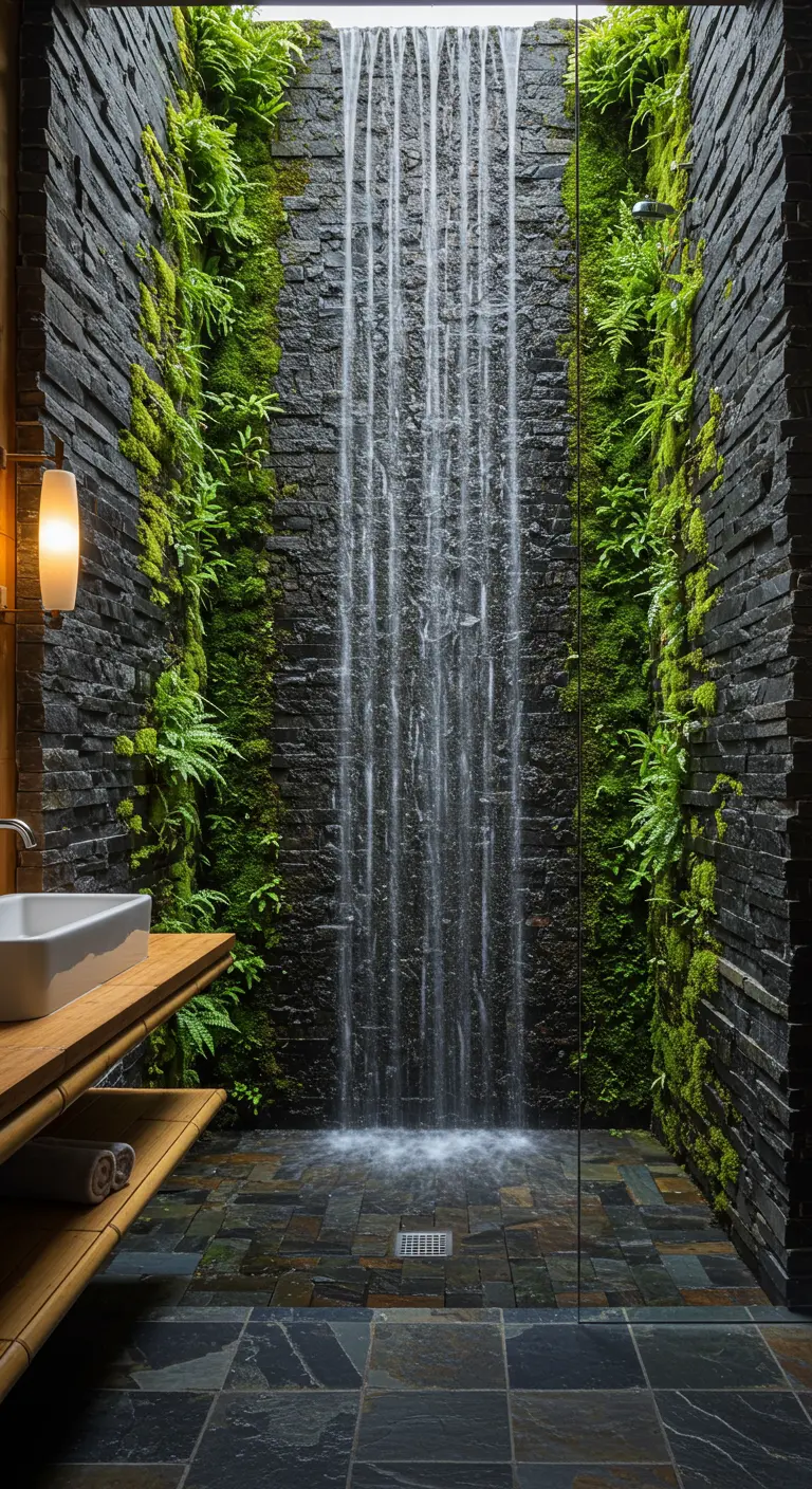 Ducha espectacular con paredes de piedra oscura, vegetación y efecto cascada