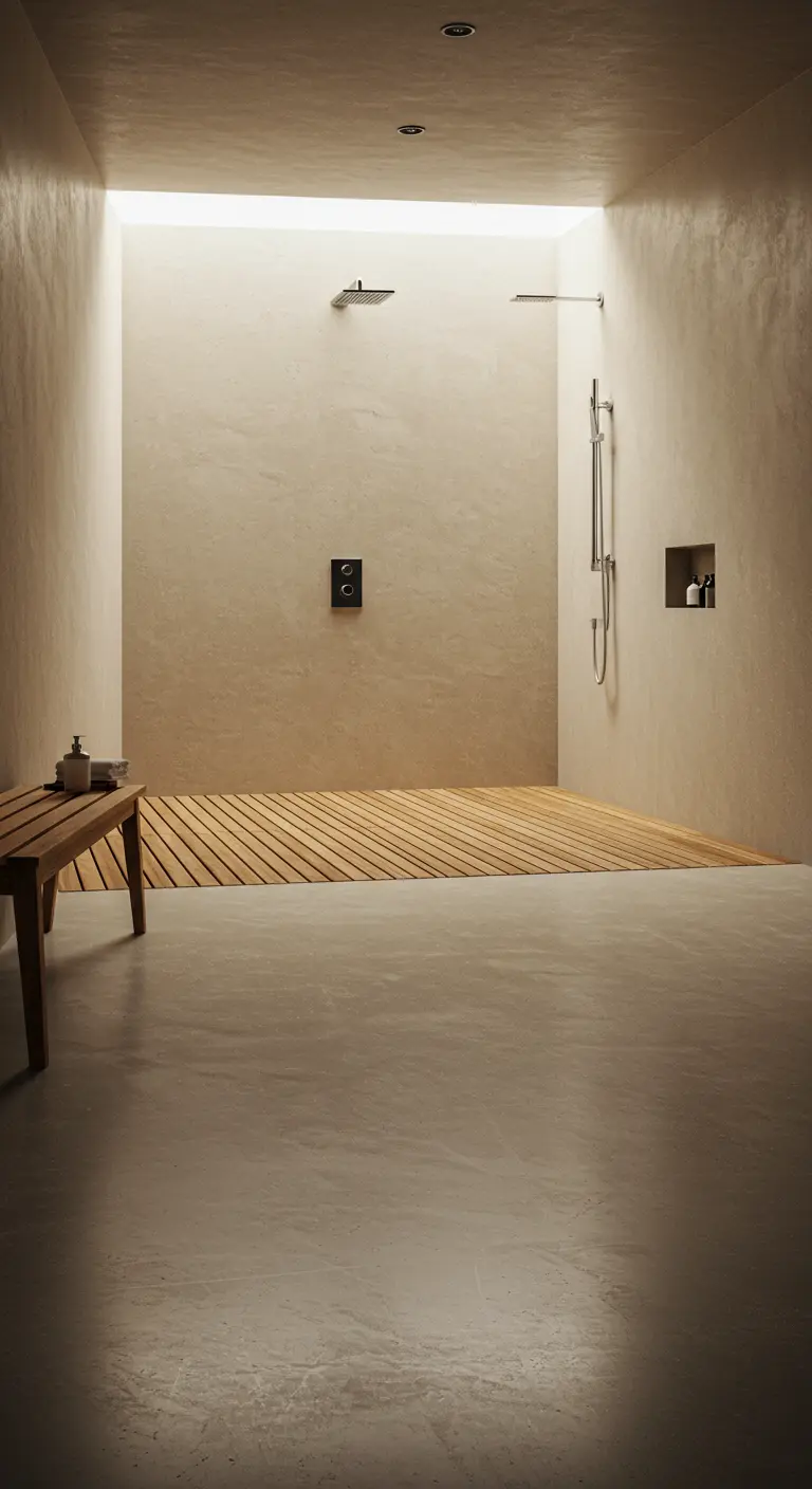 Ducha minimalista a ras de suelo con paredes de microcemento y tarima de madera