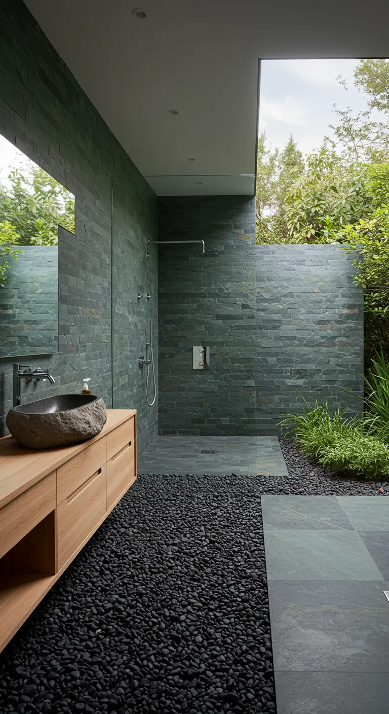 Baño con ducha que se abre a un patio exterior, con paredes de pizarra y suelo de cantos rodados.