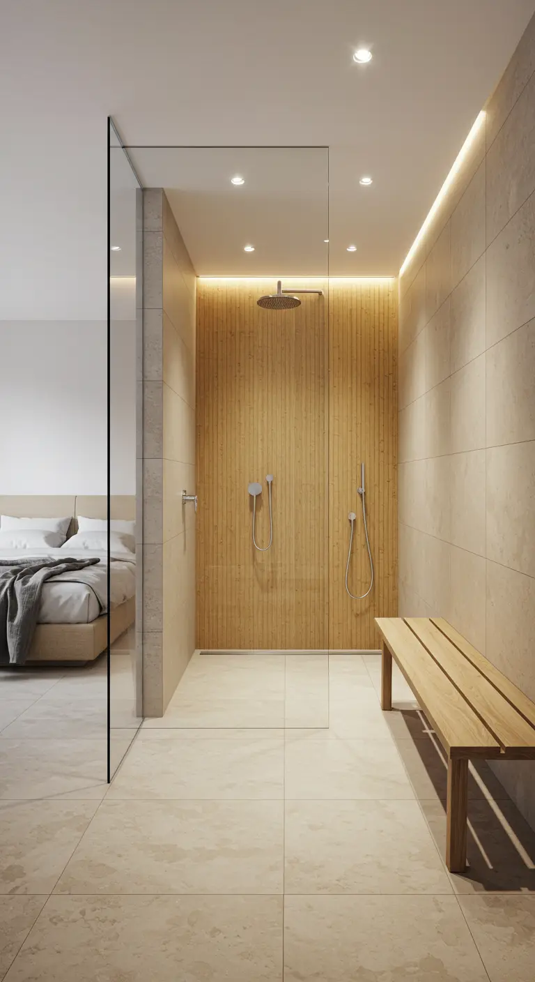 Ducha de obra abierta al dormitorio con pared de efecto madera y banco.