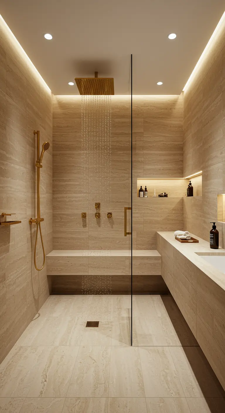 Ducha a ras de suelo con revestimiento de travertino, rociador de lluvia dorado y banco integrado.
