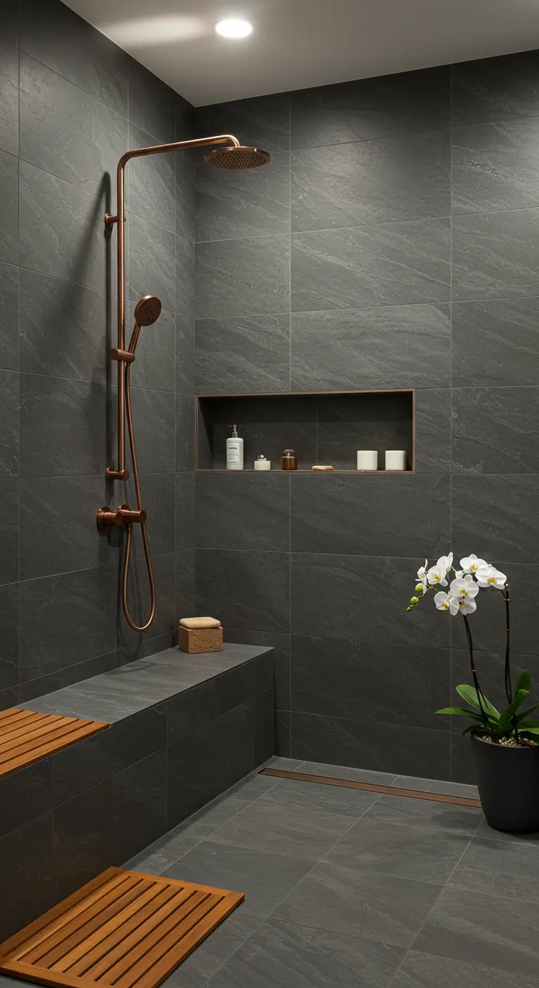 Ducha moderna con azulejos de pizarra gris oscuro y grifería de cobre.