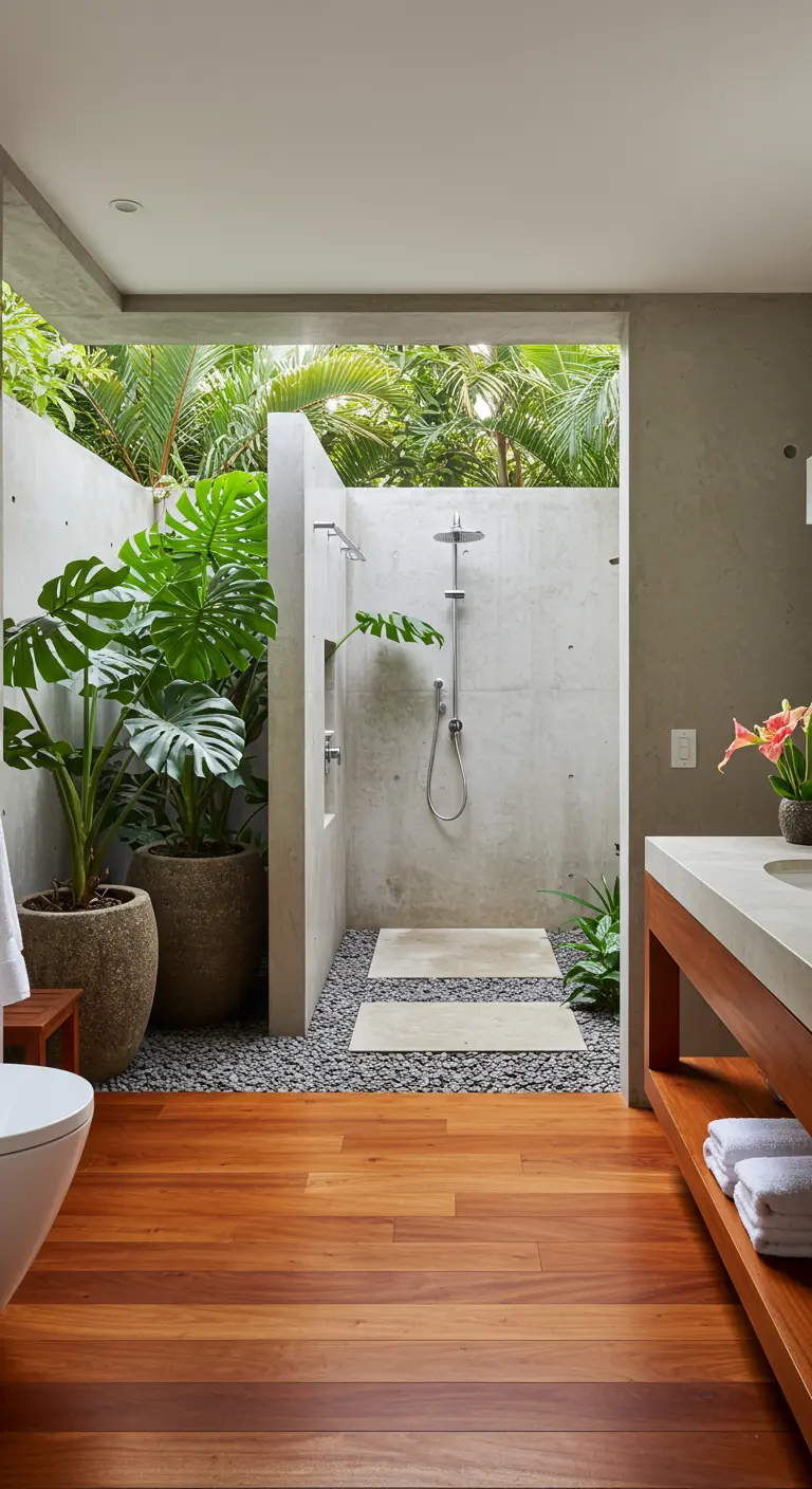 Ducha exterior de hormigón rodeada de plantas tropicales y con suelo de guijarros
