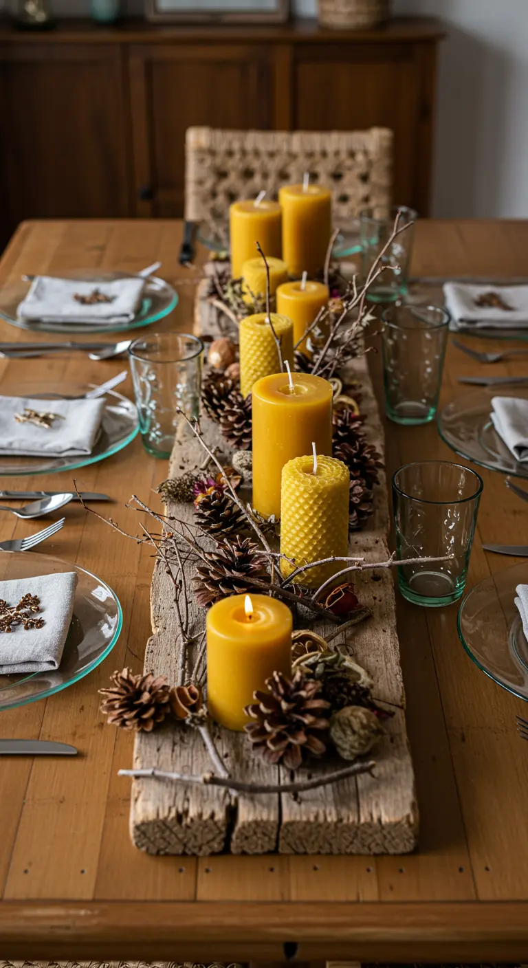 Centro de mesa sobre una tabla de madera con velas de cera de abeja, piñas y ramas secas.
