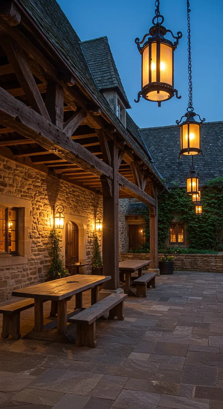 Patio de una casa señorial de piedra con vigas de madera y grandes faroles de estilo antiguo