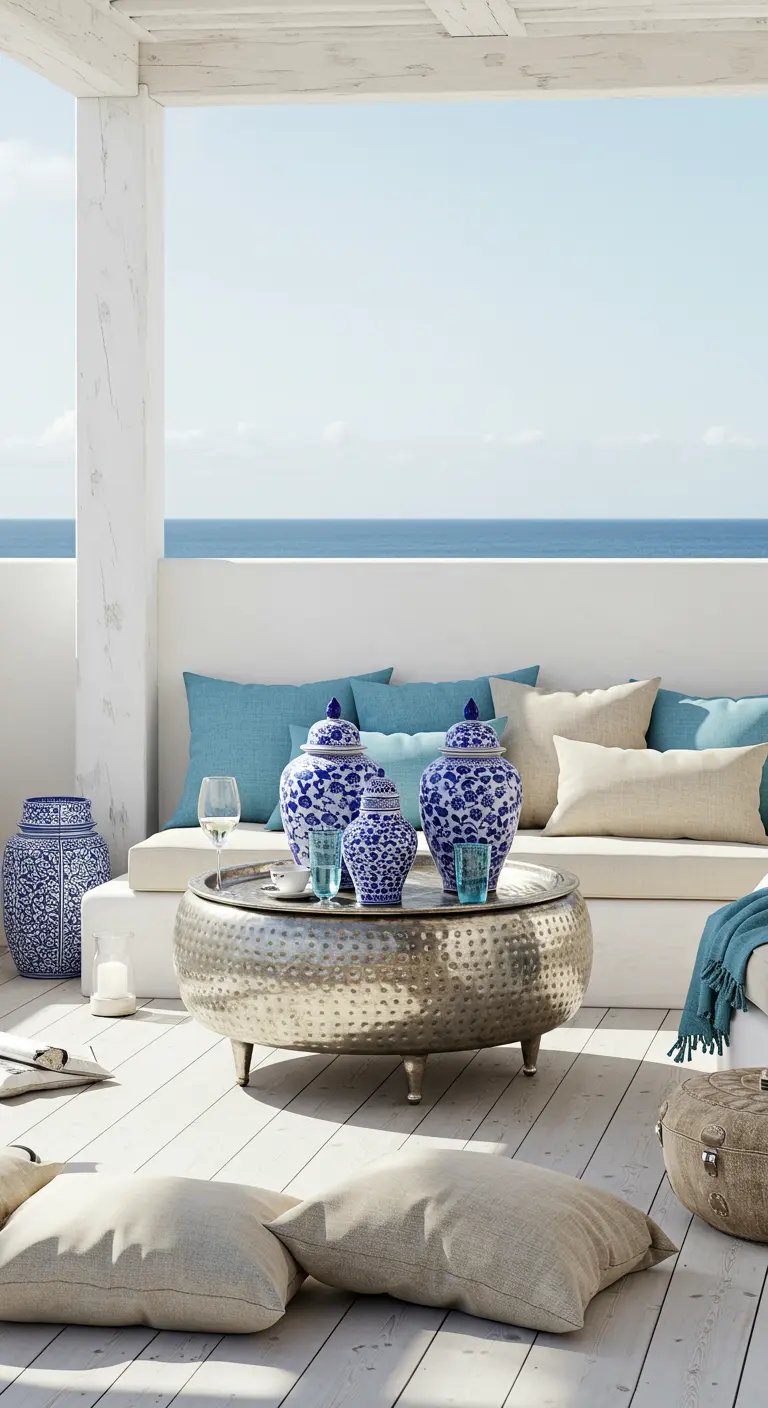 Terraza con vistas al mar, sofá blanco y una mesa de metal con jarrones de cerámica azul y blanca.