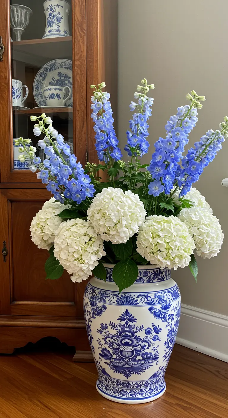 Gran jarrón de porcelana azul y blanco de estilo chinoiserie con flores.
