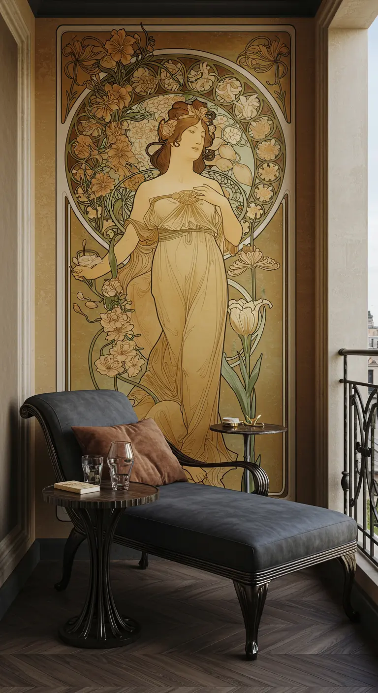 Balcón de estilo Art Nouveau con un mural inspirado en Alphonse Mucha y un diván.