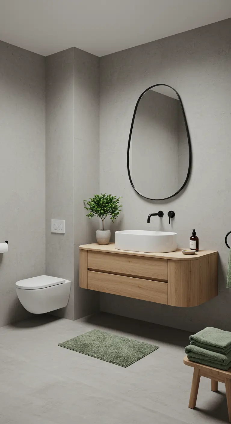 Baño minimalista con espejo de forma irregular, lavabo sobre encimera y mueble flotante.