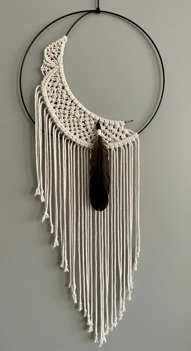 Atrapasueños de macramé en aro negro con una media luna tejida y una pluma oscura.