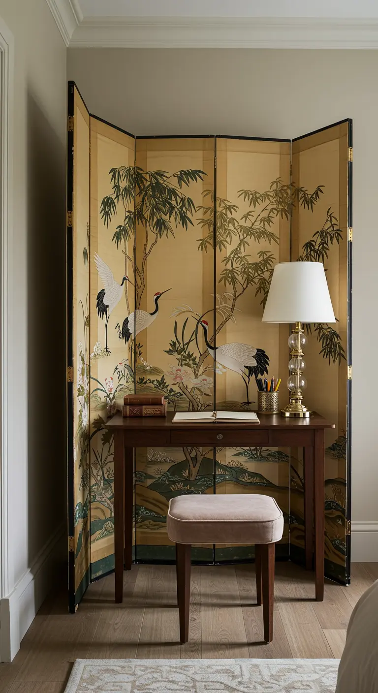 Escritorio de madera detrás de un biombo dorado con pinturas de grullas y bambú.