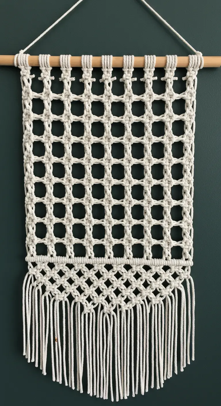 Tapiz de macramé con un patrón de red hecho con nudos cuadrados y una franja de flecos.
