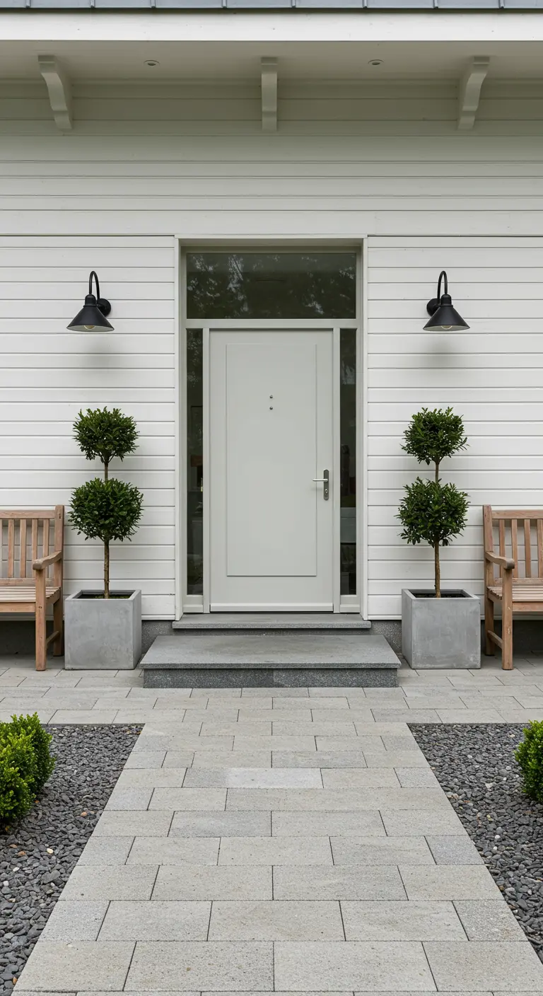 Entrada simétrica con dos árboles en macetas cuadradas flanqueando una puerta blanca y dos bancos de madera.