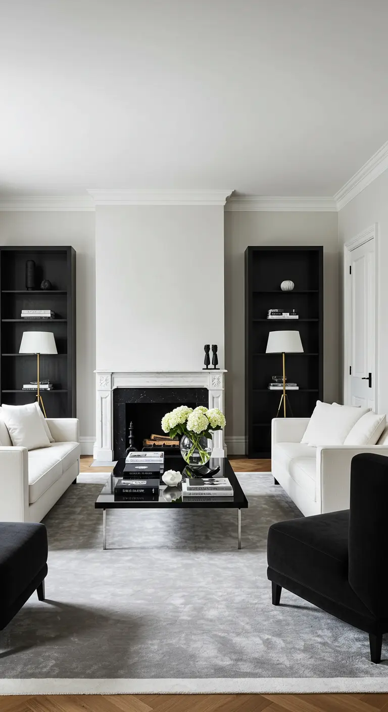 Sala simétrica con dos sofás blancos enfrentados y dos estanterías negras flanqueando una chimenea.