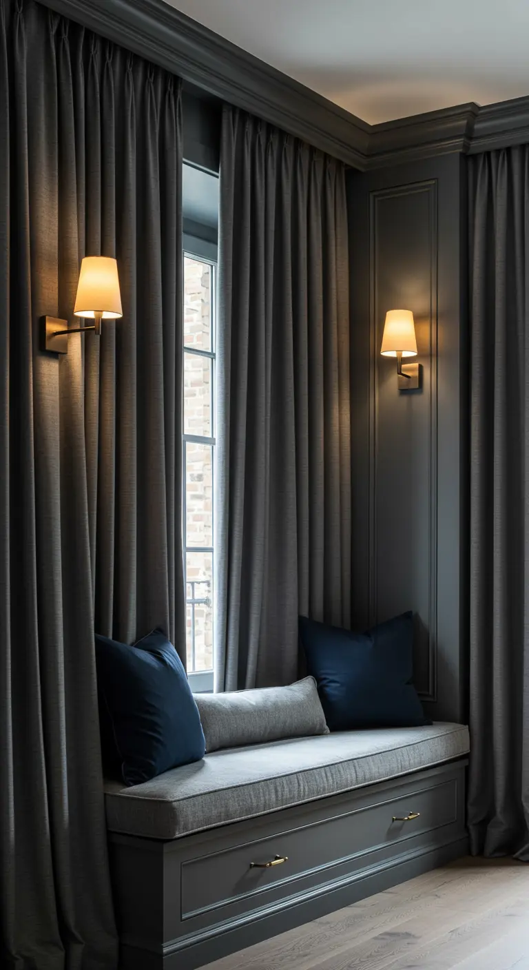 Asiento de ventana gris oscuro enmarcado por cortinas a juego y apliques de luz cálida