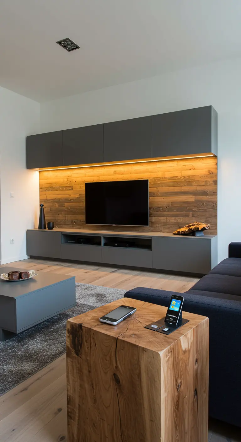 Mesa auxiliar minimalista hecha de un gran bloque de madera maciza junto a un sofá oscuro.
