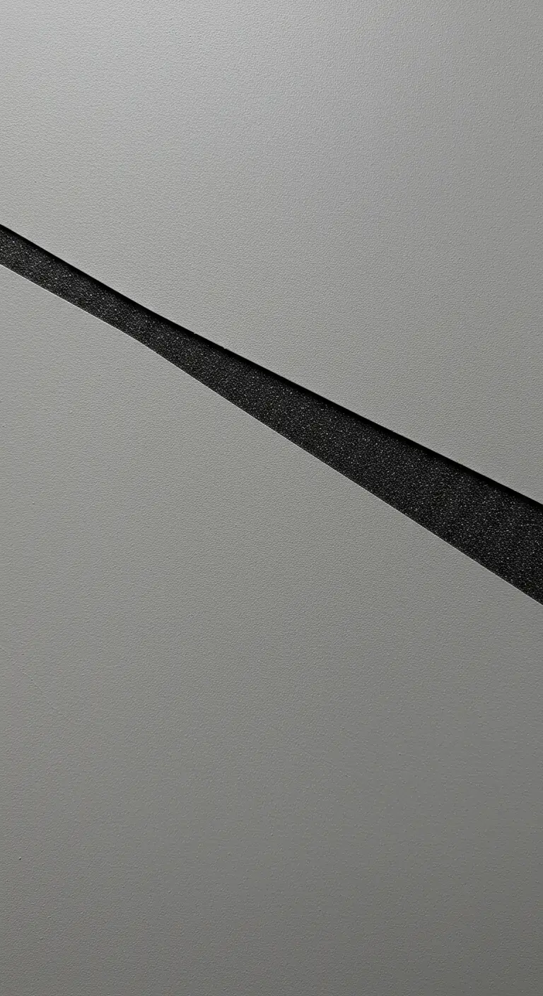 Primer plano de una superficie gris dividida por una línea diagonal de arena negra texturizada
