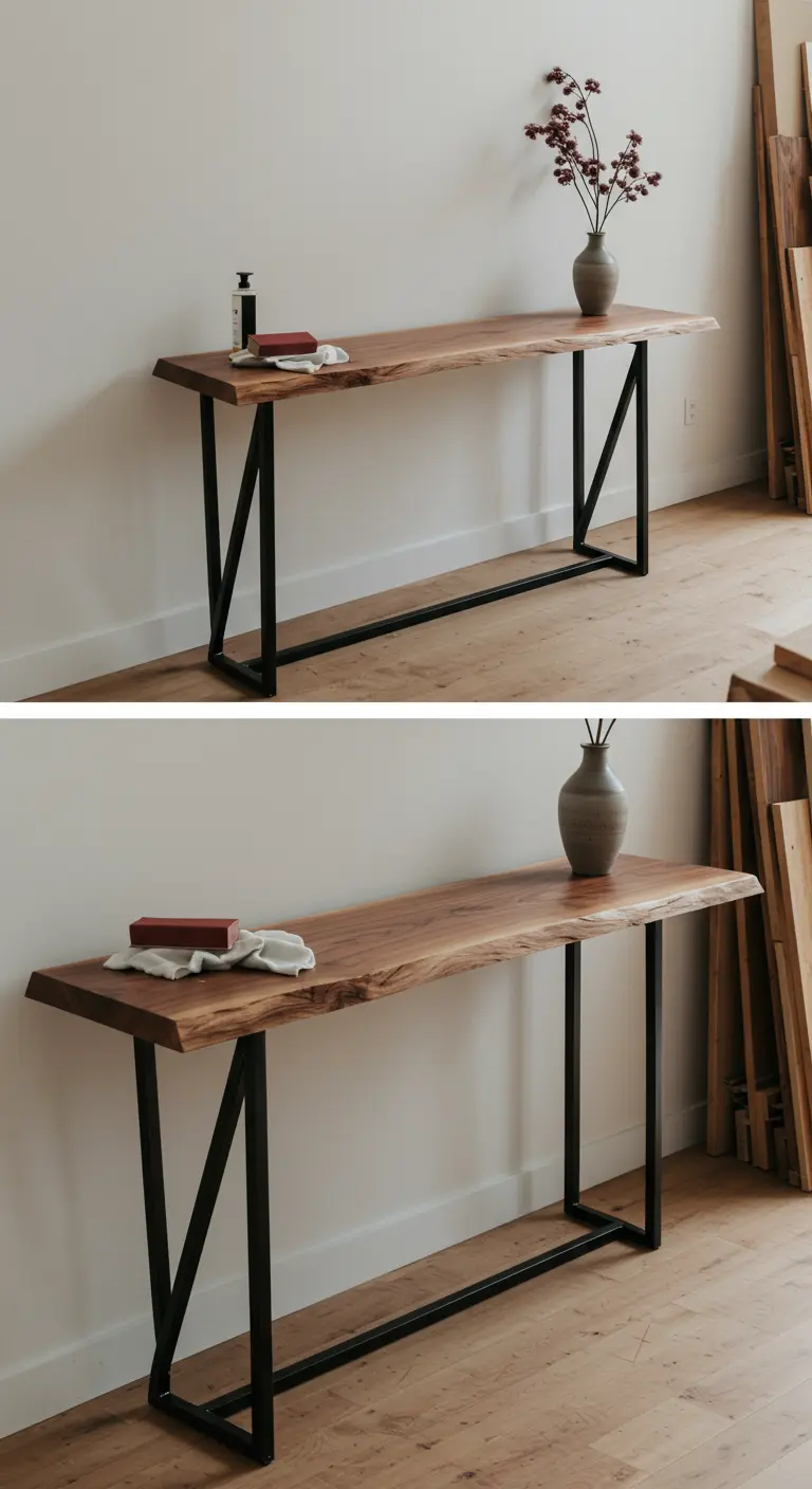 Consola de madera con borde natural y patas de metal negro de diseño geométrico.