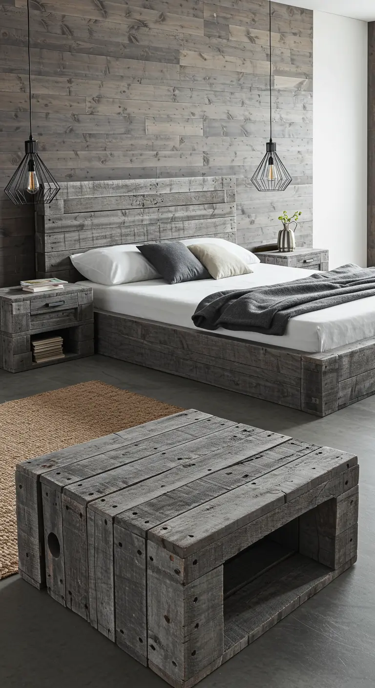 Conjunto de dormitorio de palets con un acabado de madera gris envejecida.