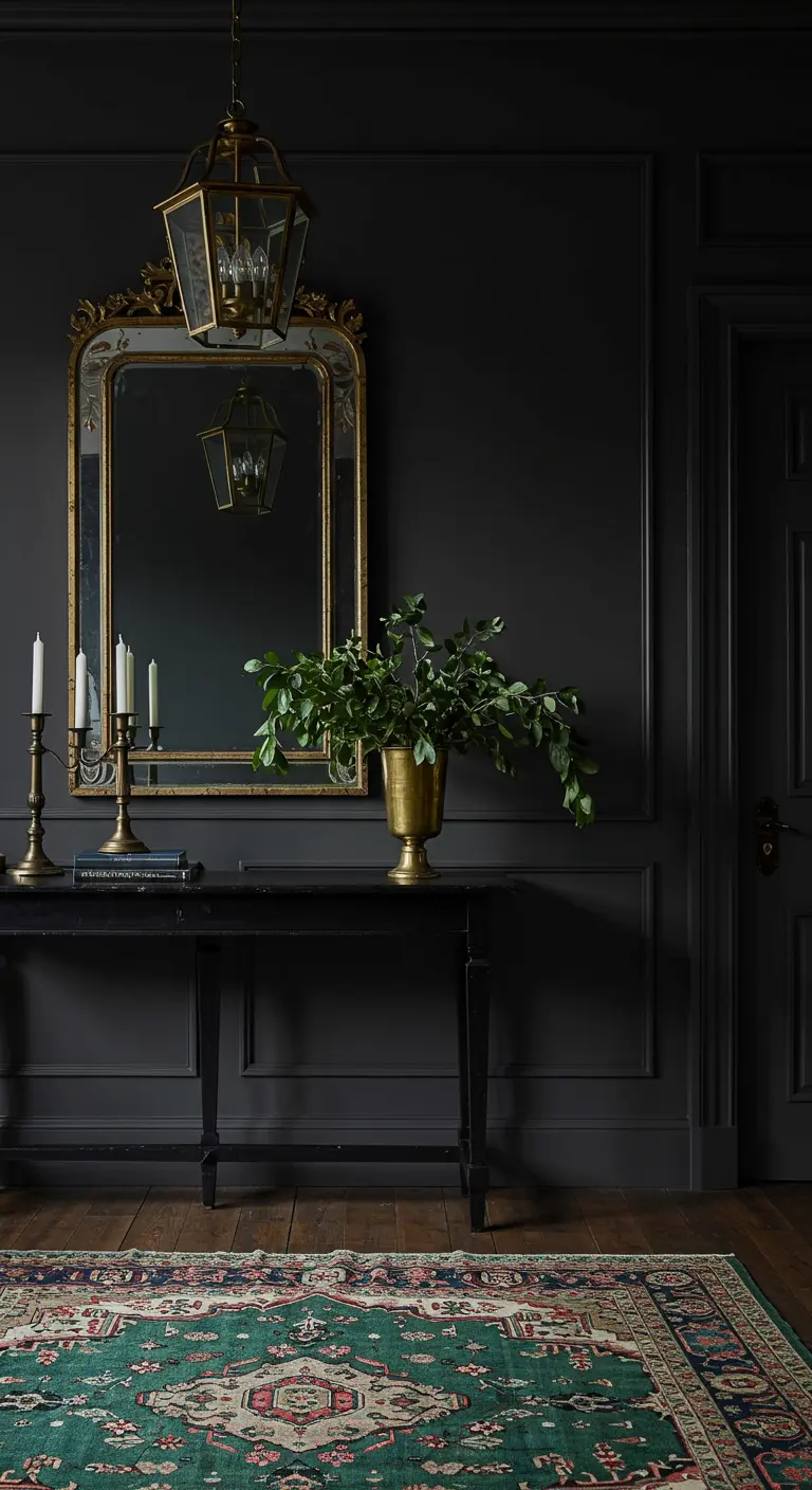 Entrada sofisticada con paredes oscuras, espejo dorado barroco y consola negra.