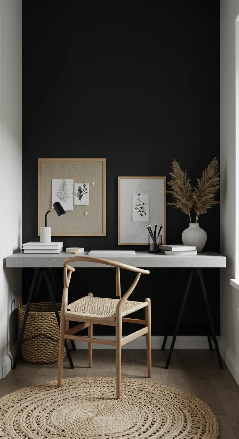 Rincón de trabajo minimalista con pared negra, escritorio de hormigón y silla de madera y cuerda.