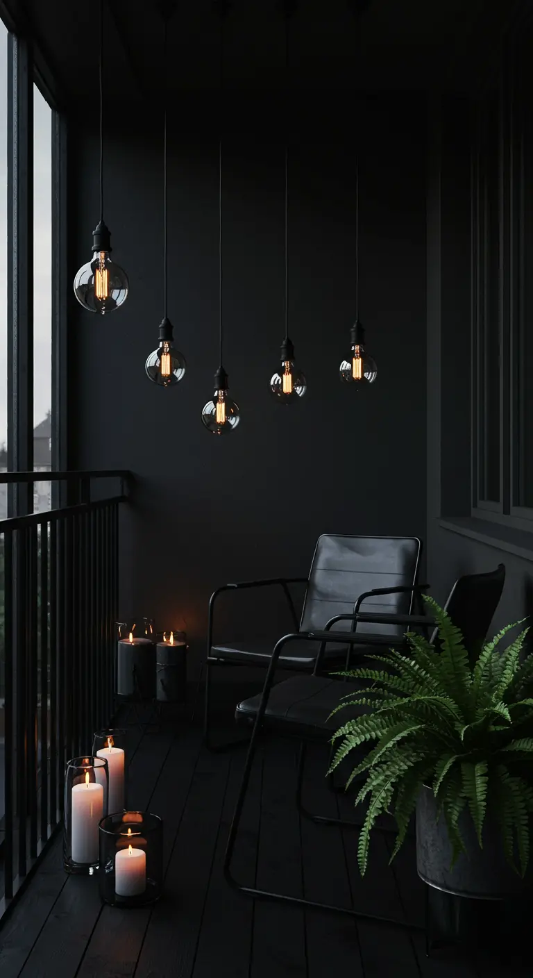 Balcón completamente negro con sillas de cuero, velas y lámparas colgantes de luz cálida.