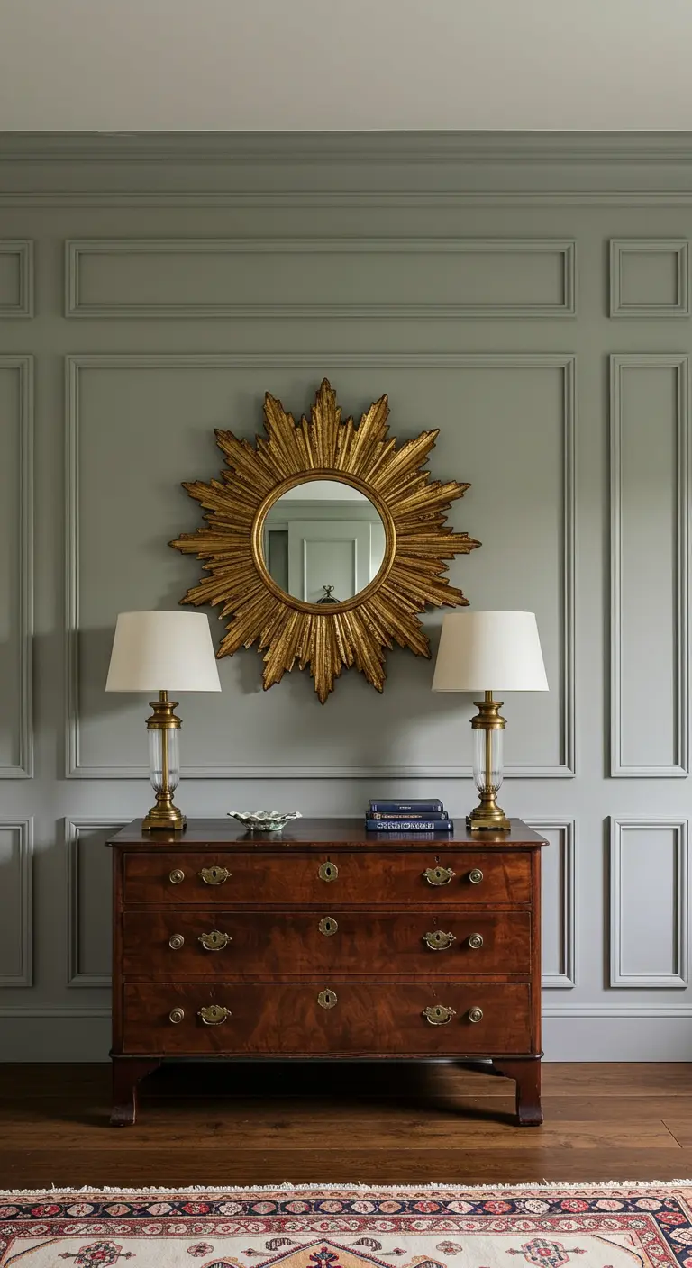 Entrada clásica con cómoda antigua de madera, dos lámparas y un espejo de sol dorado.