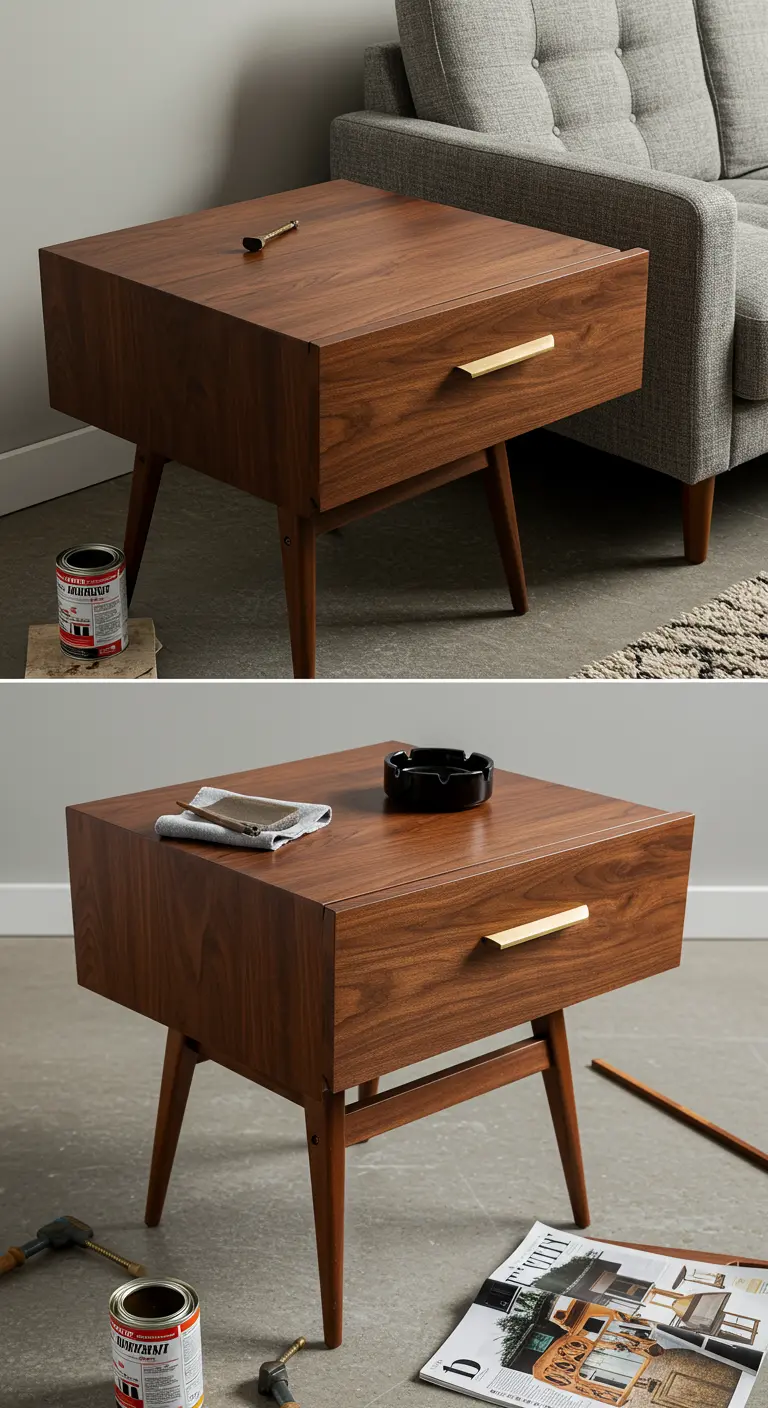 Mesa auxiliar de estilo Mid-Century Modern con acabado en madera de nogal y tirador dorado